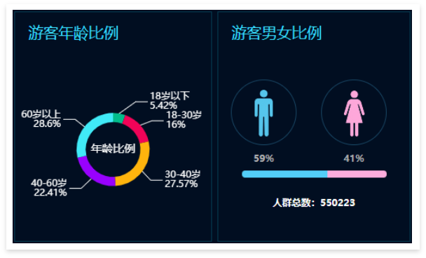 景區(qū)票務(wù)系統(tǒng)數(shù)據(jù)大屏：游客年齡比例、男女比例